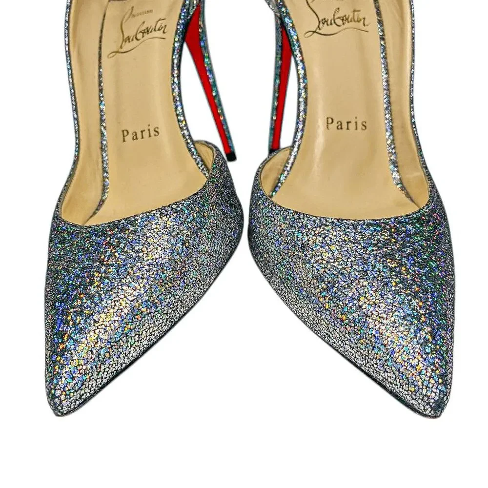 Christian Louboutin Iriza 100 Nappa Mica Silver Glitter Pumps EU 37 d'Orsay Heel